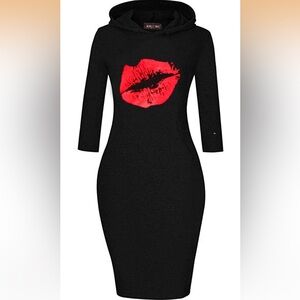 Black hooded body con dress with red lips 💋